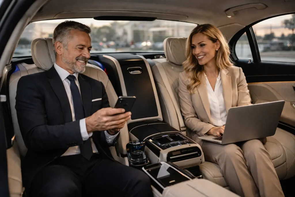 Innenraum eines Luxusfahrzeugs mit Kunden im privaten Fahrerservice in Lissabon