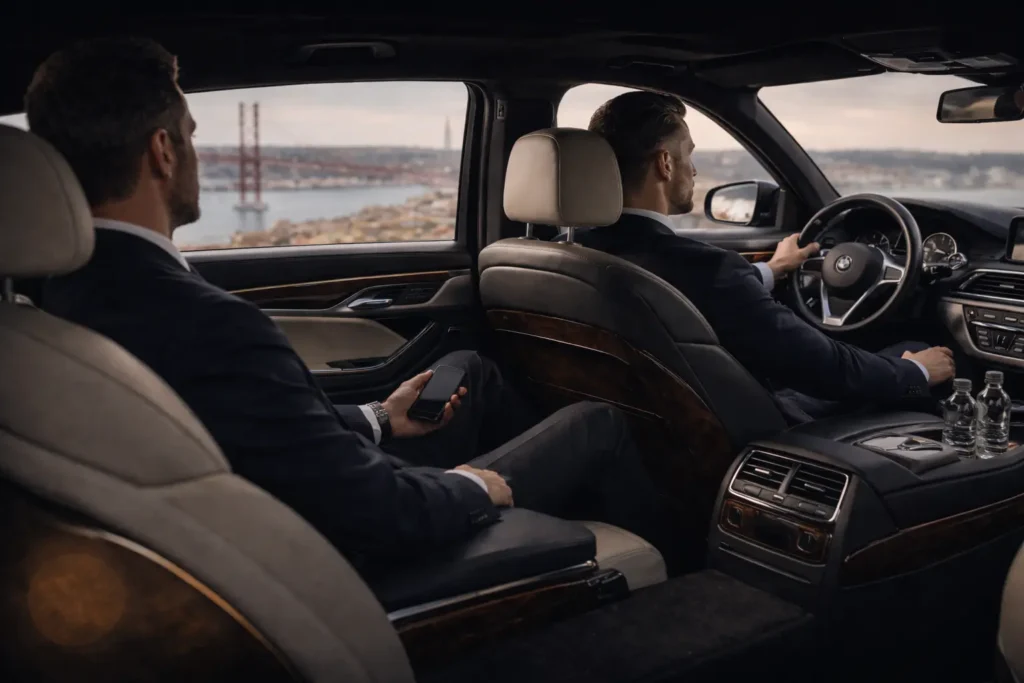Innenraum eines Luxusfahrzeugs mit einem Kunden im privaten Fahrerservice in Lissabon