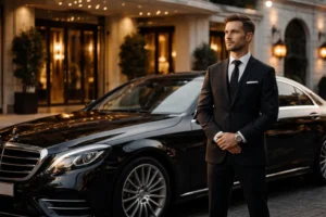 Motorista privado em Lisboa disponível para serviço à hora em frente a hotel de luxo